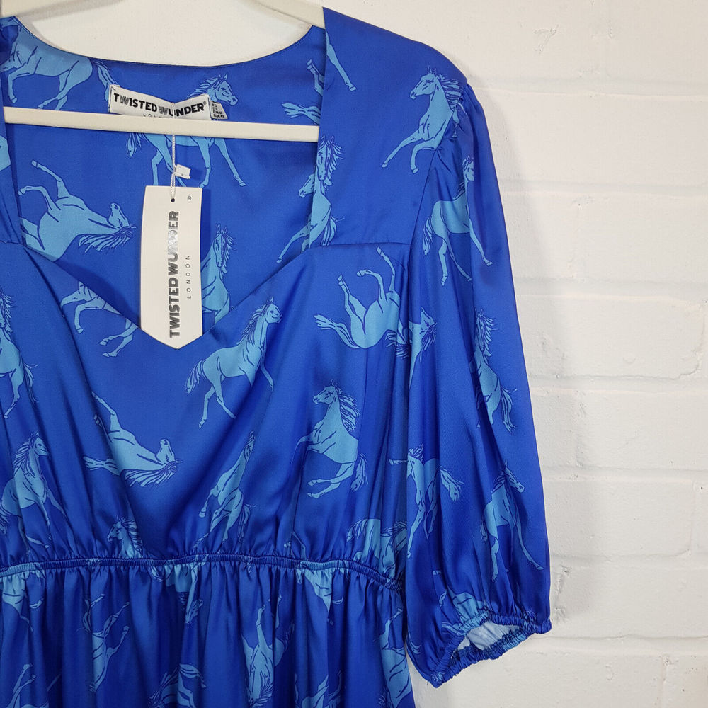 Twisted Wunder Christine Horse Print Mini Dress UK 22 Blue Satin Funky Plus BNWT - Picture 3 of 14